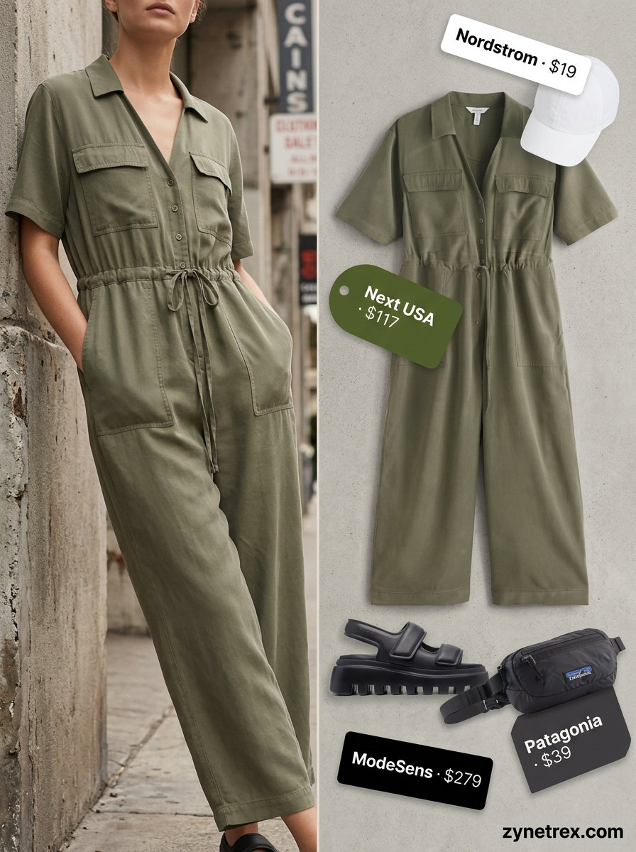 Summer Scoop Neck outfits for women 2026: Olive green utility jumpsuit, platform slides, baseball cap, belt bag for travel.