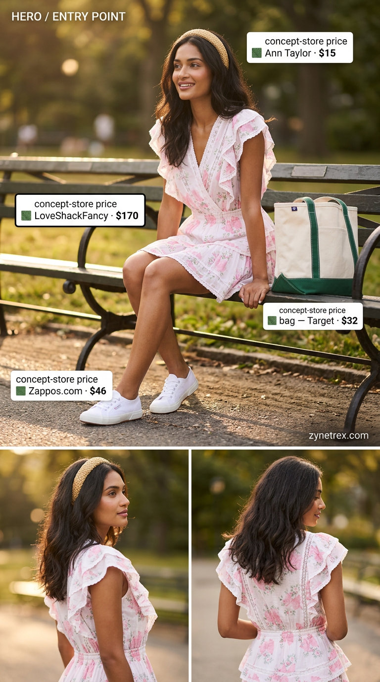 Playful summer Scoop Neck outfits for women 2026: Pastel pink floral mini dress, white sneakers, straw hat & canvas tote.