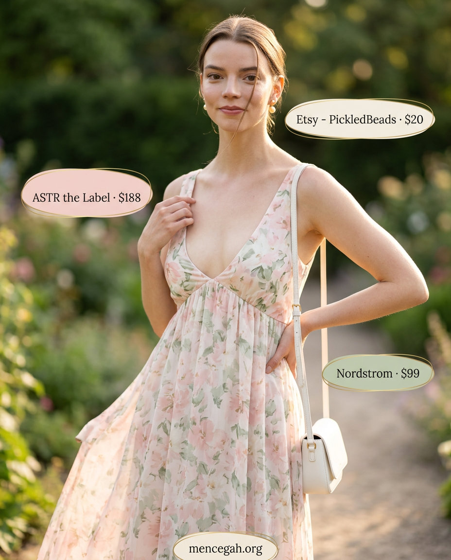 Summer Scoop Neck outfits for women 2026: Pastel floral midi dress, pearl earrings, top-handle bag, block heels for garden party.