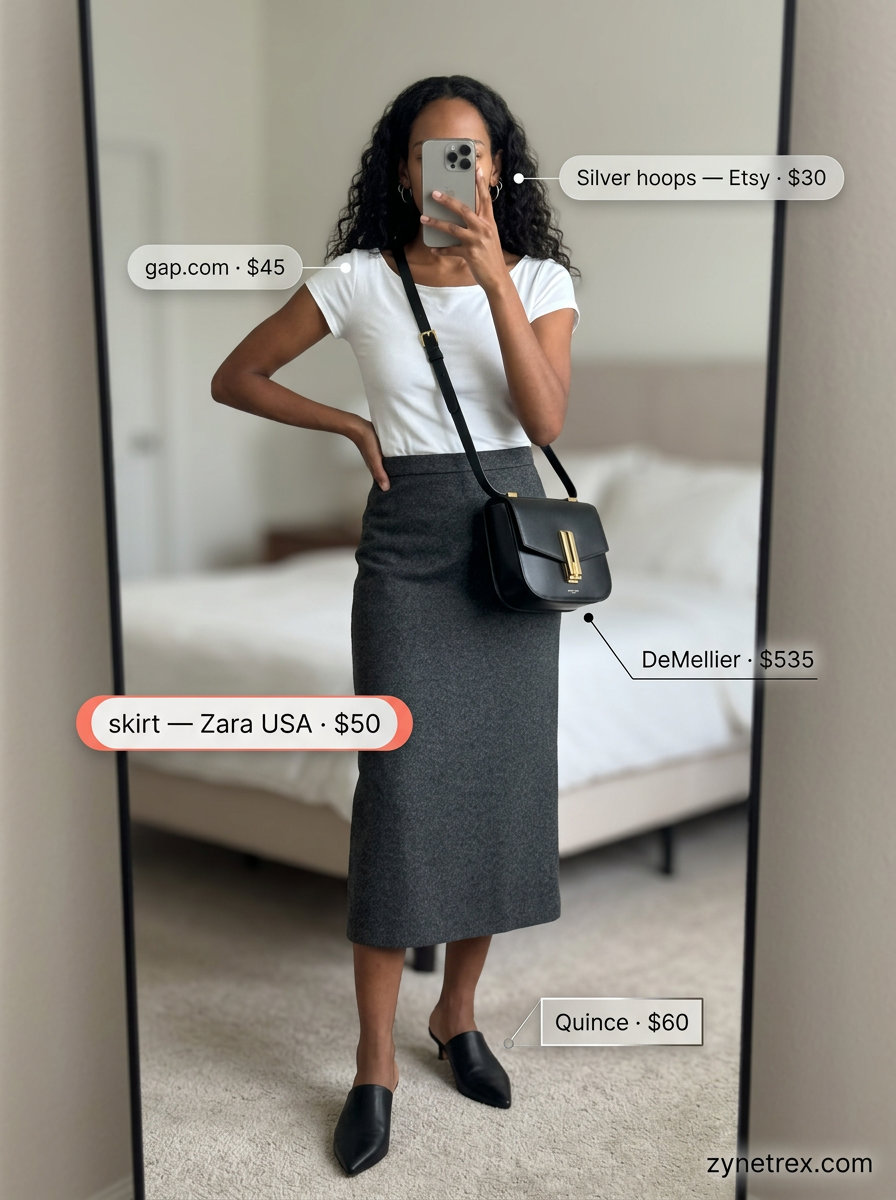 Chic summer Scoop Neck outfits for women 2026: Grey knit midi skirt, white scoop neck tee, black mules & leather bag.