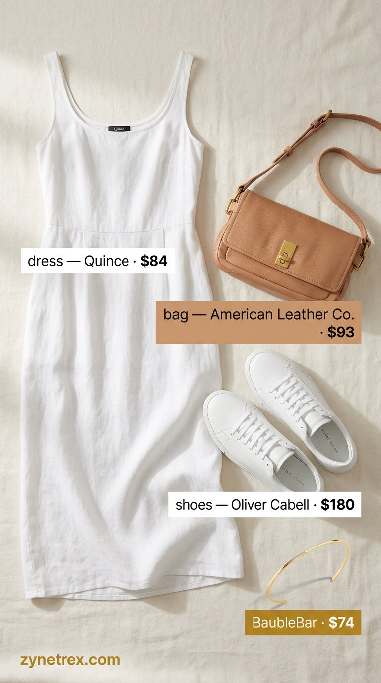 Minimalist summer Scoop Neck outfits for women 2026: White linen dress, tan crossbody bag, leather sneakers & gold cuff.