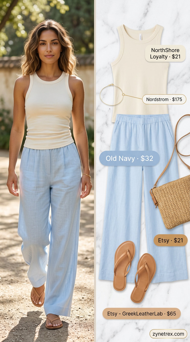 Relaxed summer Scoop Neck outfits for women 2026: Cream scoop neck tank, light blue linen pants, straw bag & leather sandals.