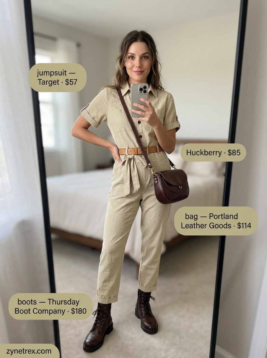 Summer Scoop Neck outfits for women 2026: Khaki utility jumpsuit, leather boots, crossbody bag, belt for utilitarian chic.