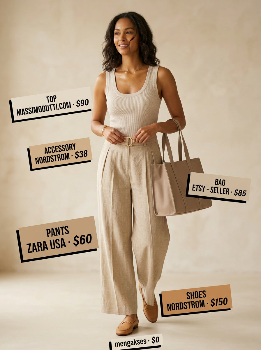 Monochromatic Linen Luxe summer Scoop Neck outfit for women 2026: oatmeal beige linen pants, knit top, loafers.