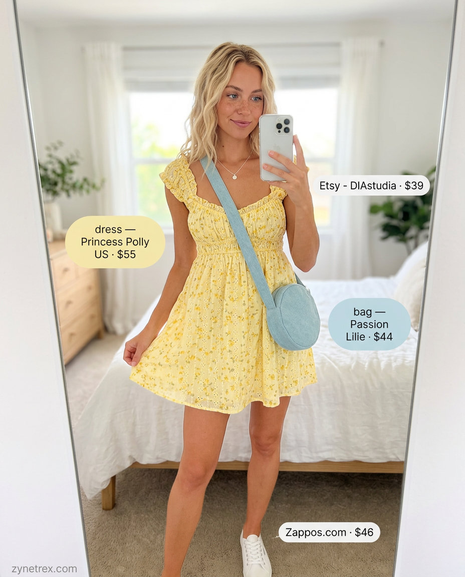 Playful Mini Dress summer Scoop Neck outfit for women 2026: yellow floral dress, white sneakers, silver necklace.