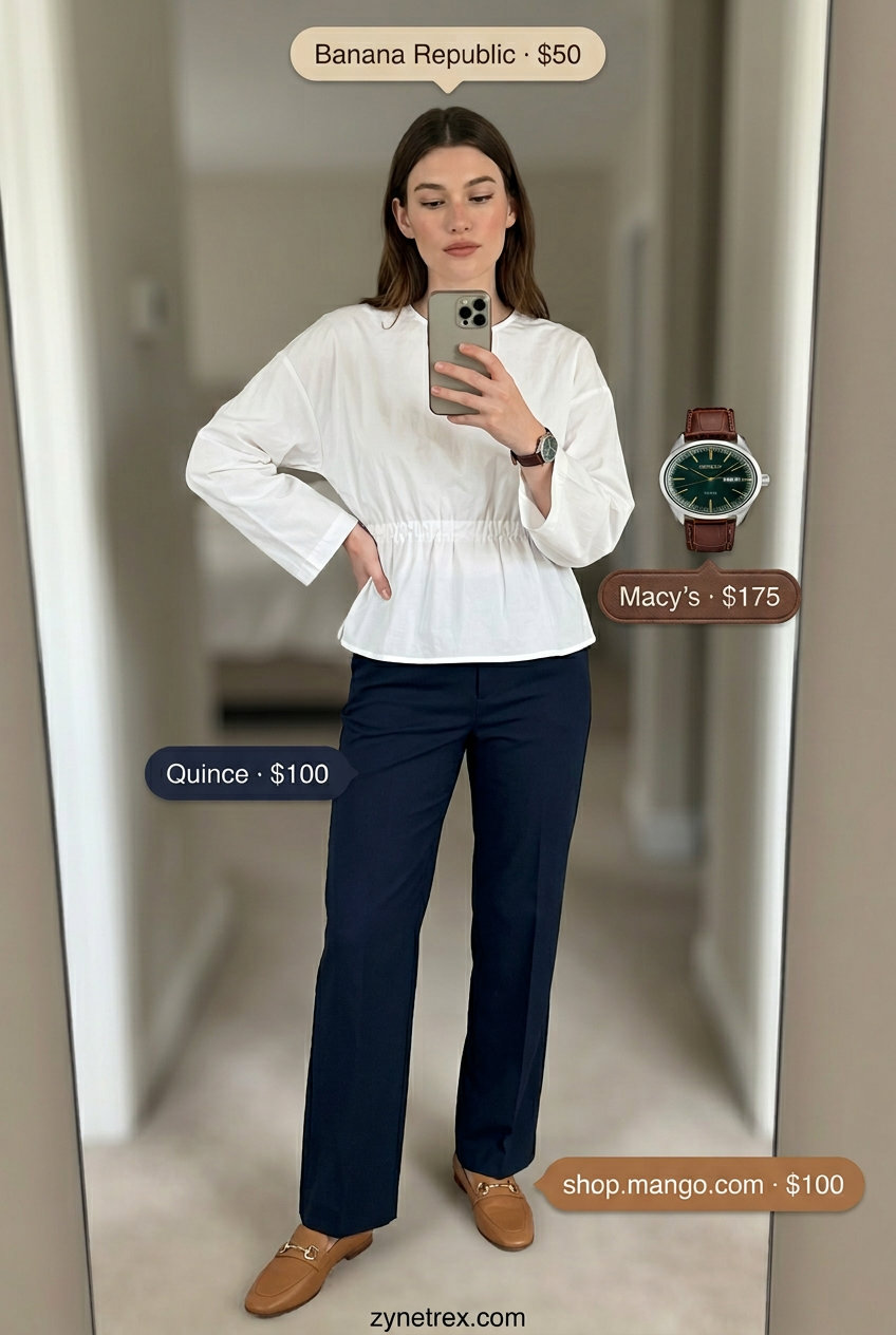 Summer Scoop Neck outfits for women 2026: Navy trousers, white scoop neck blouse, loafers, structured tote for office wear.