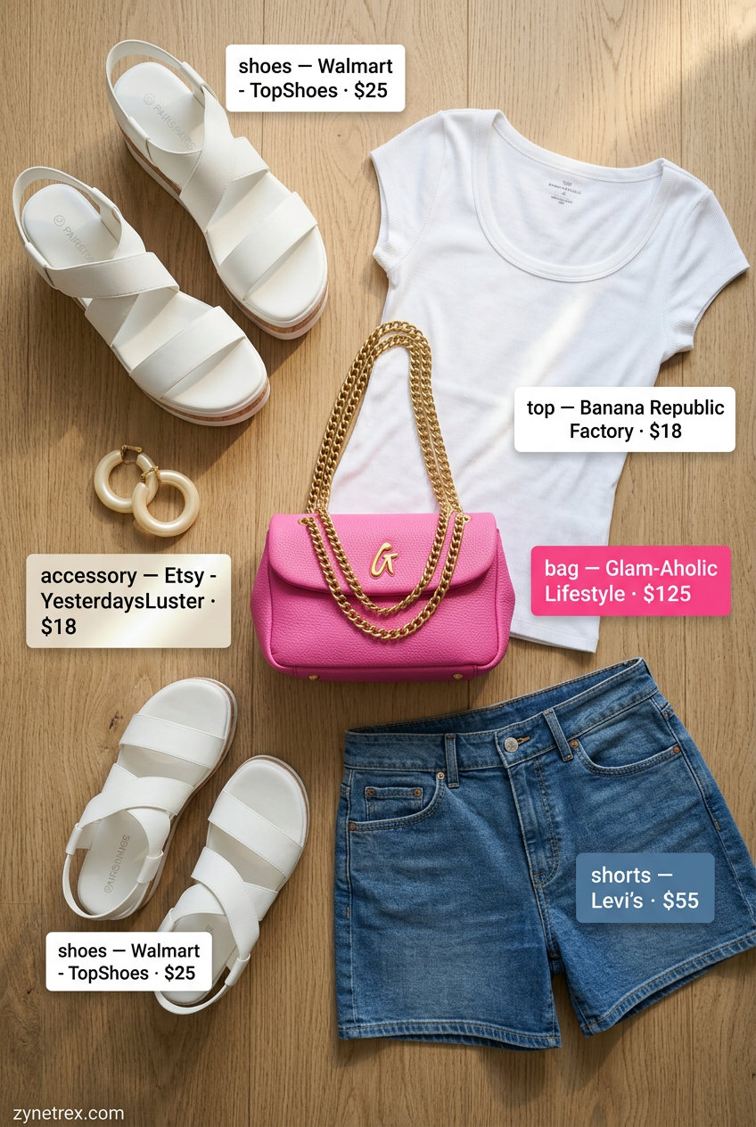 Retro Vibes Denim summer Scoop Neck outfit for women 2026: denim shorts, white tee, pink mini bag.