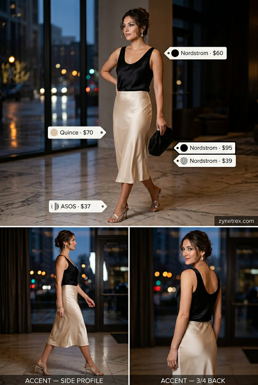 Glamorous summer Scoop Neck outfits for women 2026: Champagne slip skirt, black scoop neck cami, silver heels & clutch.