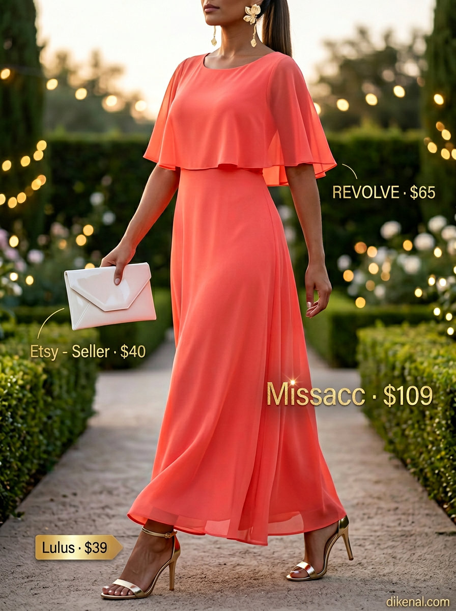 Sunset Glow Maxi summer Scoop Neck dress outfit for women 2026: coral maxi dress, gold heels, white clutch.