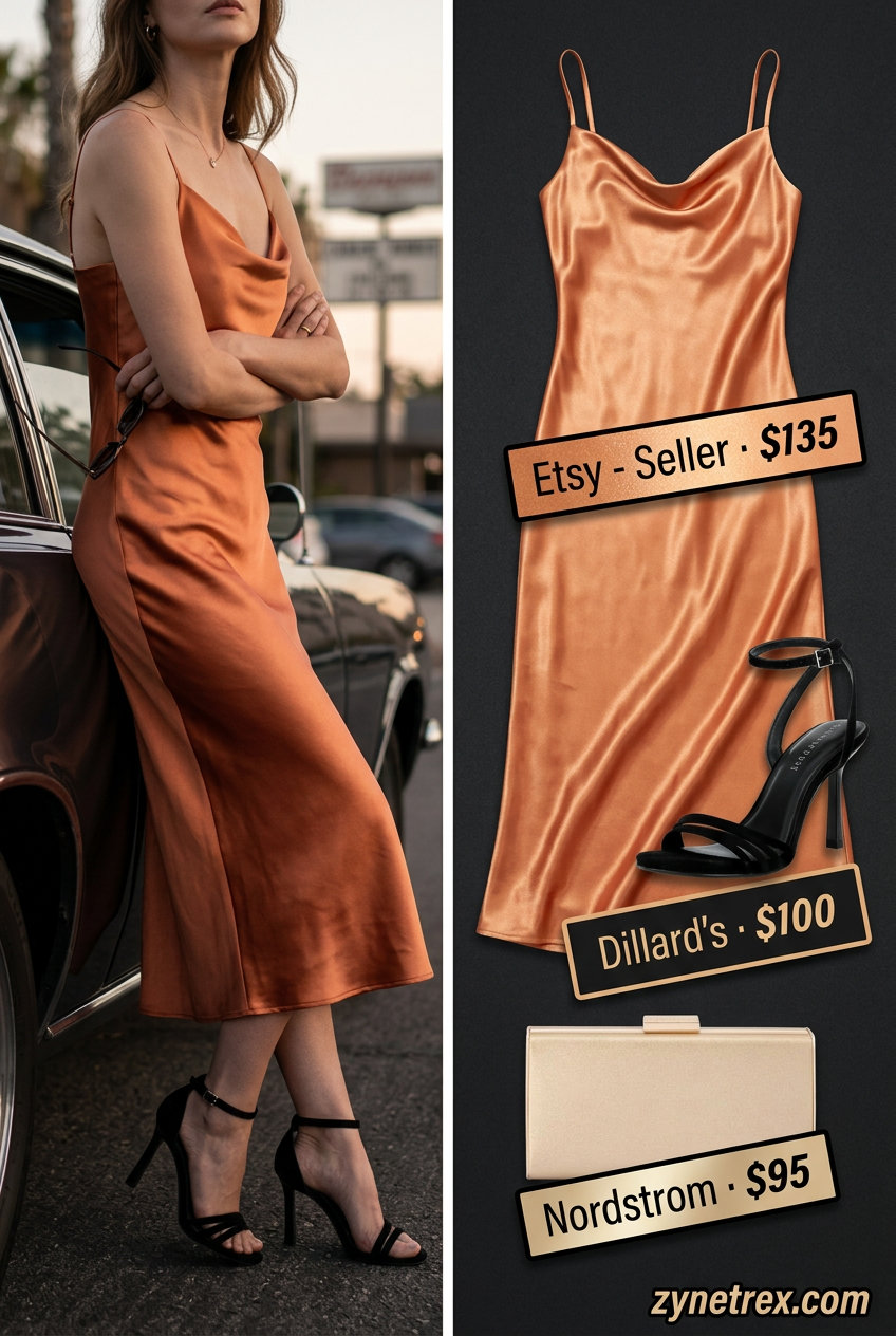 Summer Scoop Neck outfits for women 2026: Apricot satin slip dress, gold earrings, metallic clutch, strappy heels for date night.