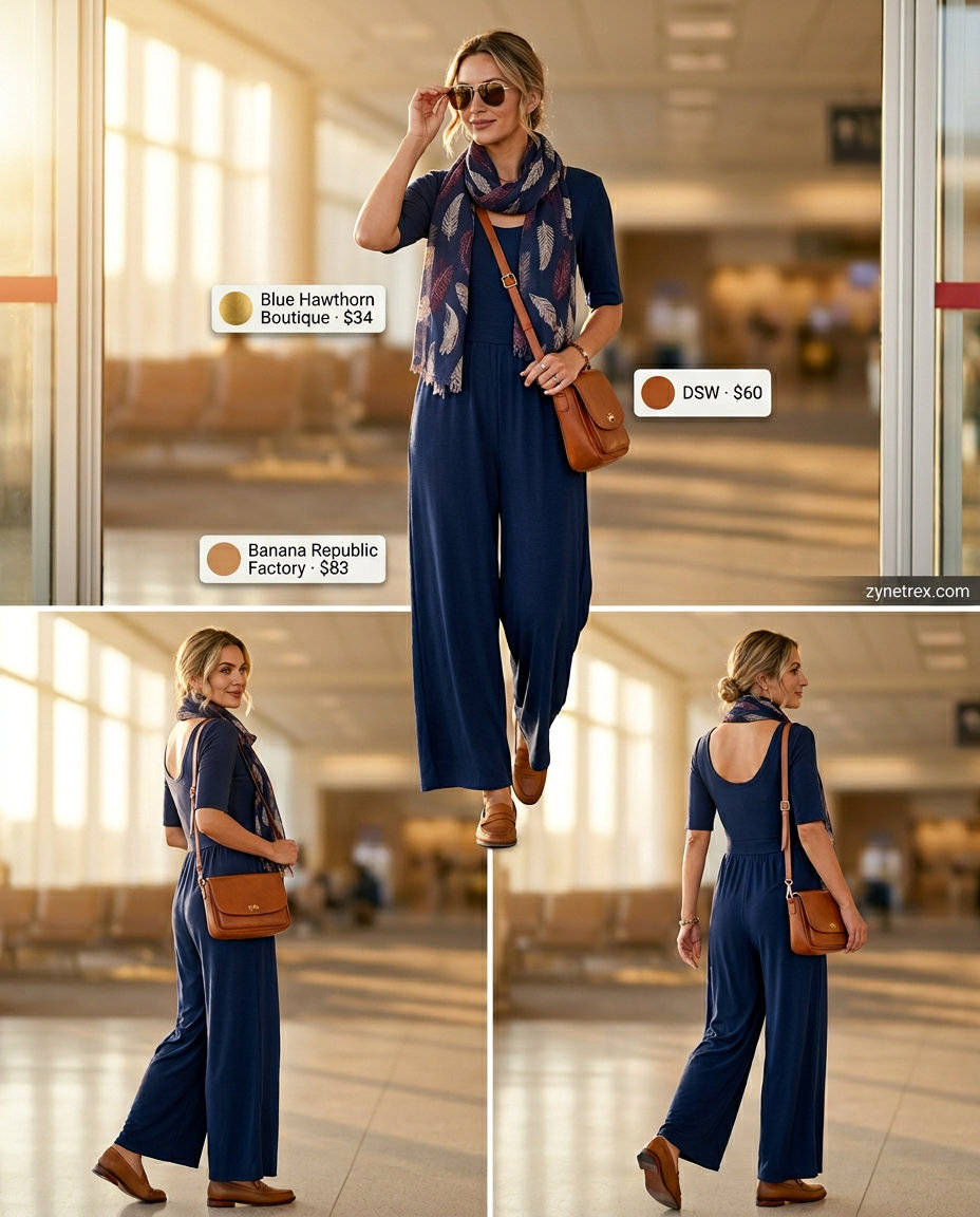 Chic travel summer Scoop Neck outfits for women 2026: Navy wide-leg jumpsuit, tan crossbody bag, loafers & printed scarf.
