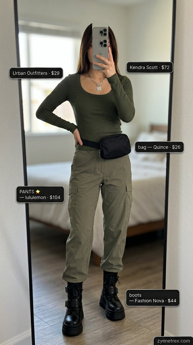 Urban Explorer cargo pants outfit for women 2026: olive green cargo pants, black scoop neck top, combat boots.