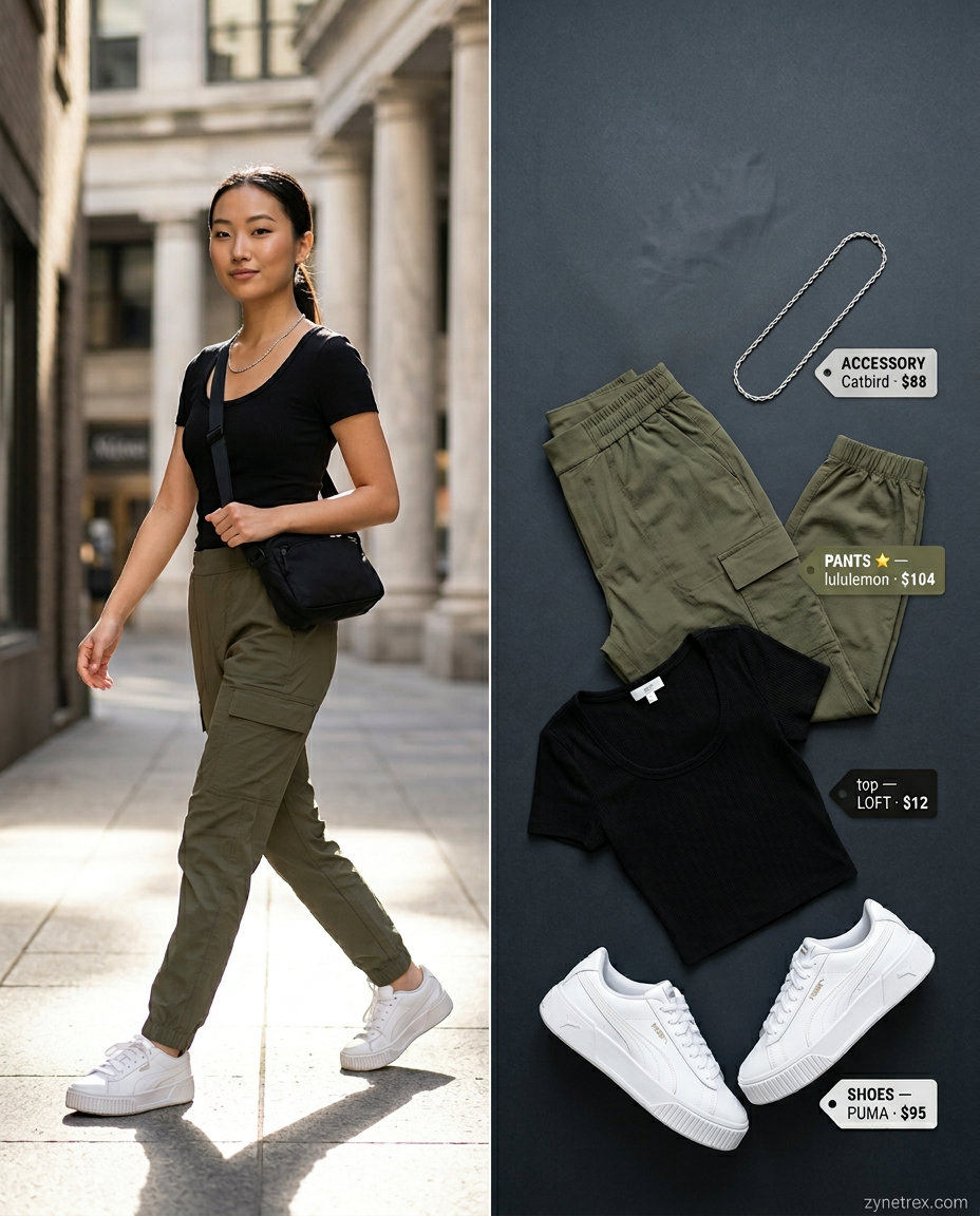 Urban Explorer cargo pants outfit for women 2026: olive green cargo pants, black scoop neck tee, white sneakers.