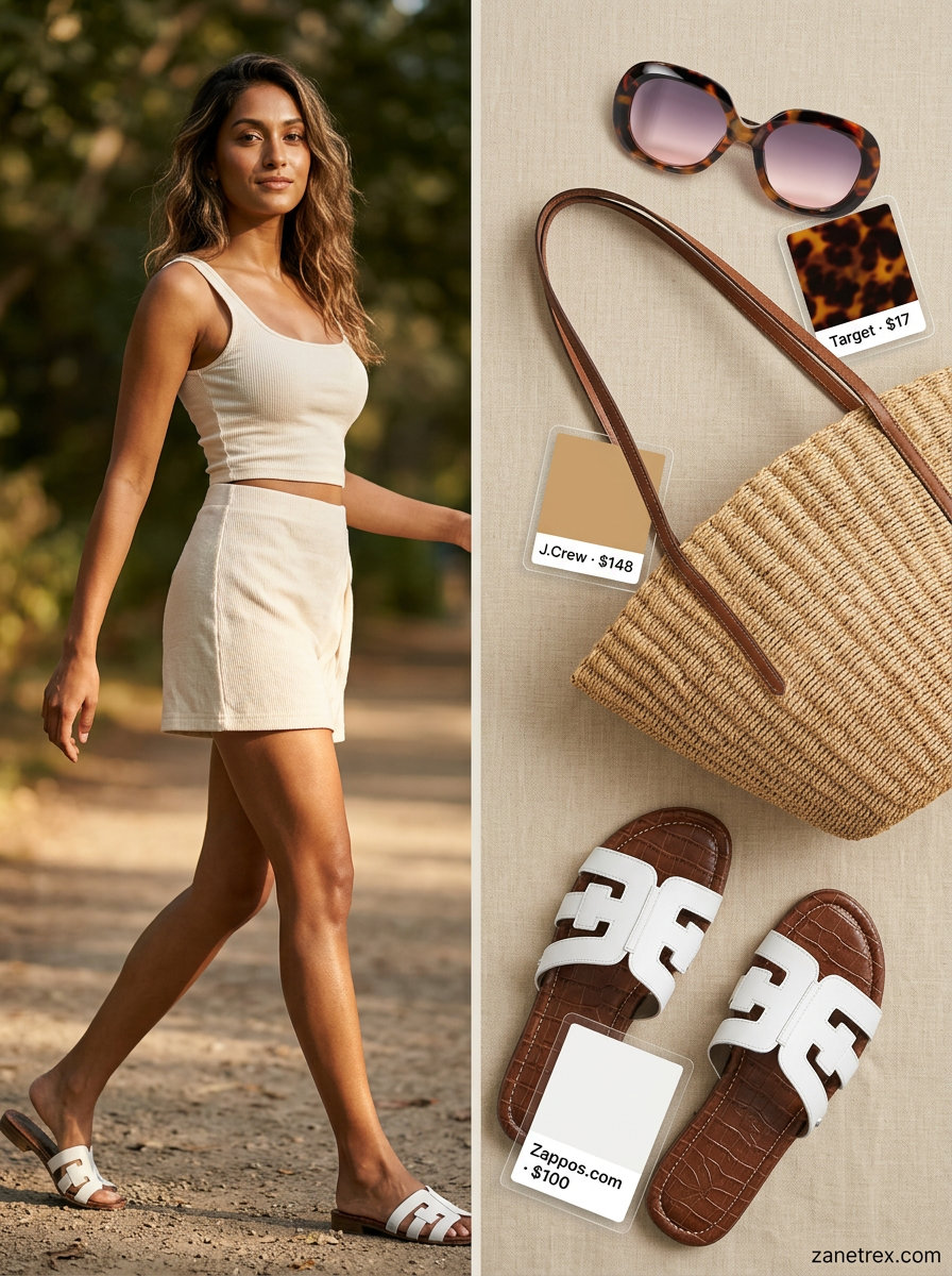 Weekend Brunch Chic summer Scoop Neck outfit for women 2026: beige linen set, white slides, straw tote.