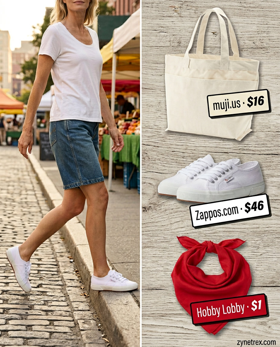 Summer Scoop Neck outfits for women 2026: Denim shorts, white scoop neck tee, red bandana, canvas tote, sneakers for weekend market.