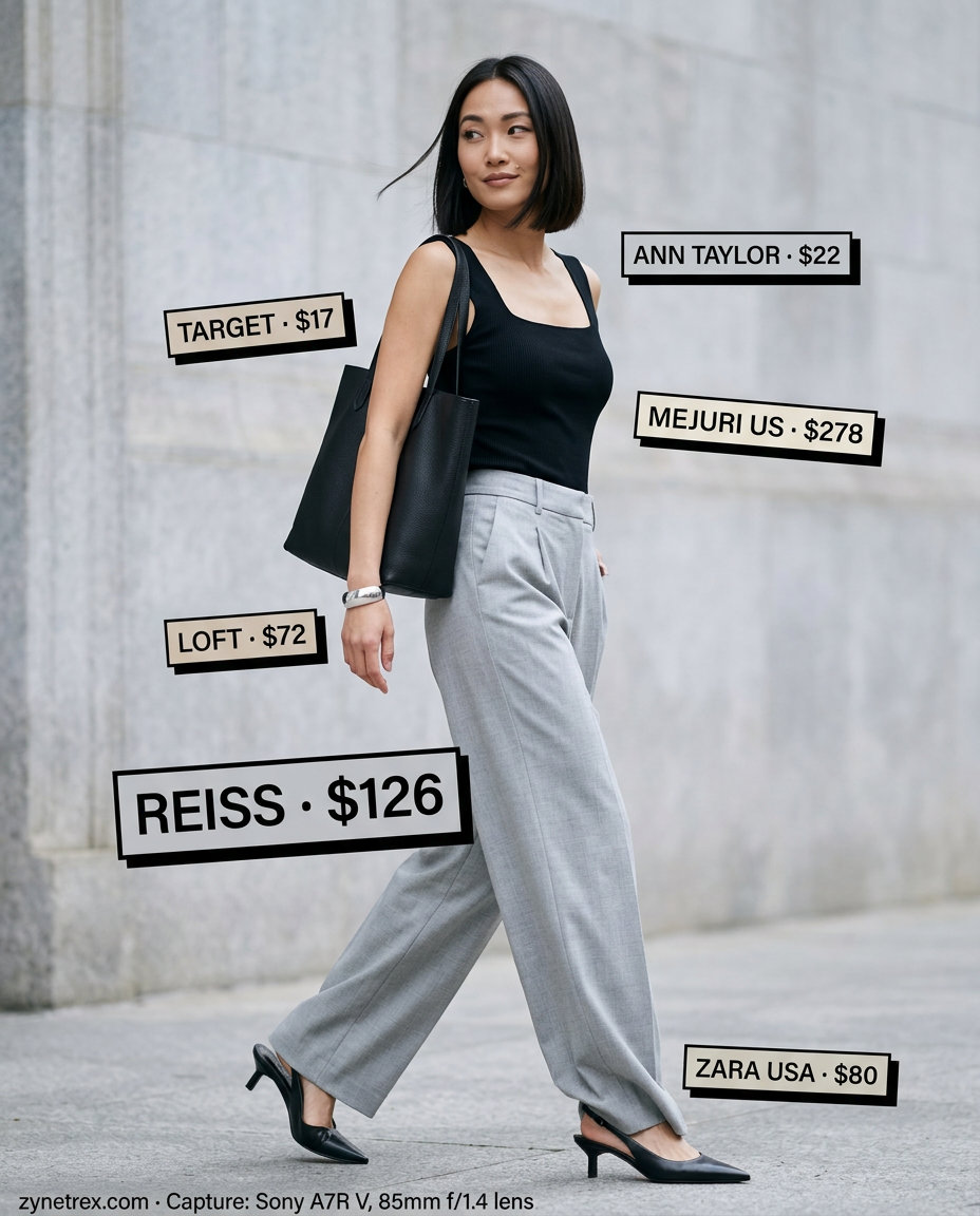 Black square neck top with grey wide-leg trousers for summer Square Neck outfits for women 2026 gallery visit.