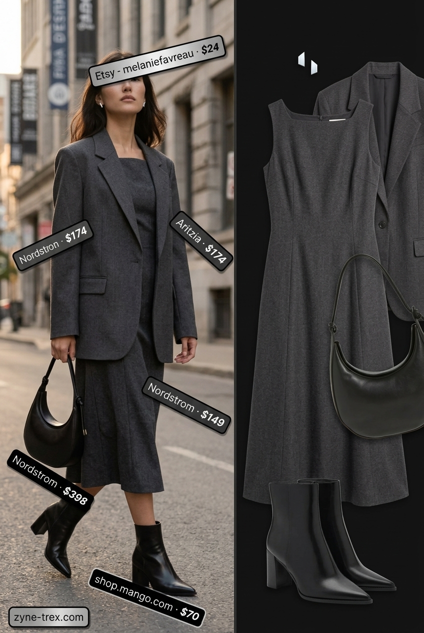 Chic city outfit with black square neck midi dress and blazer. Summer 2026.