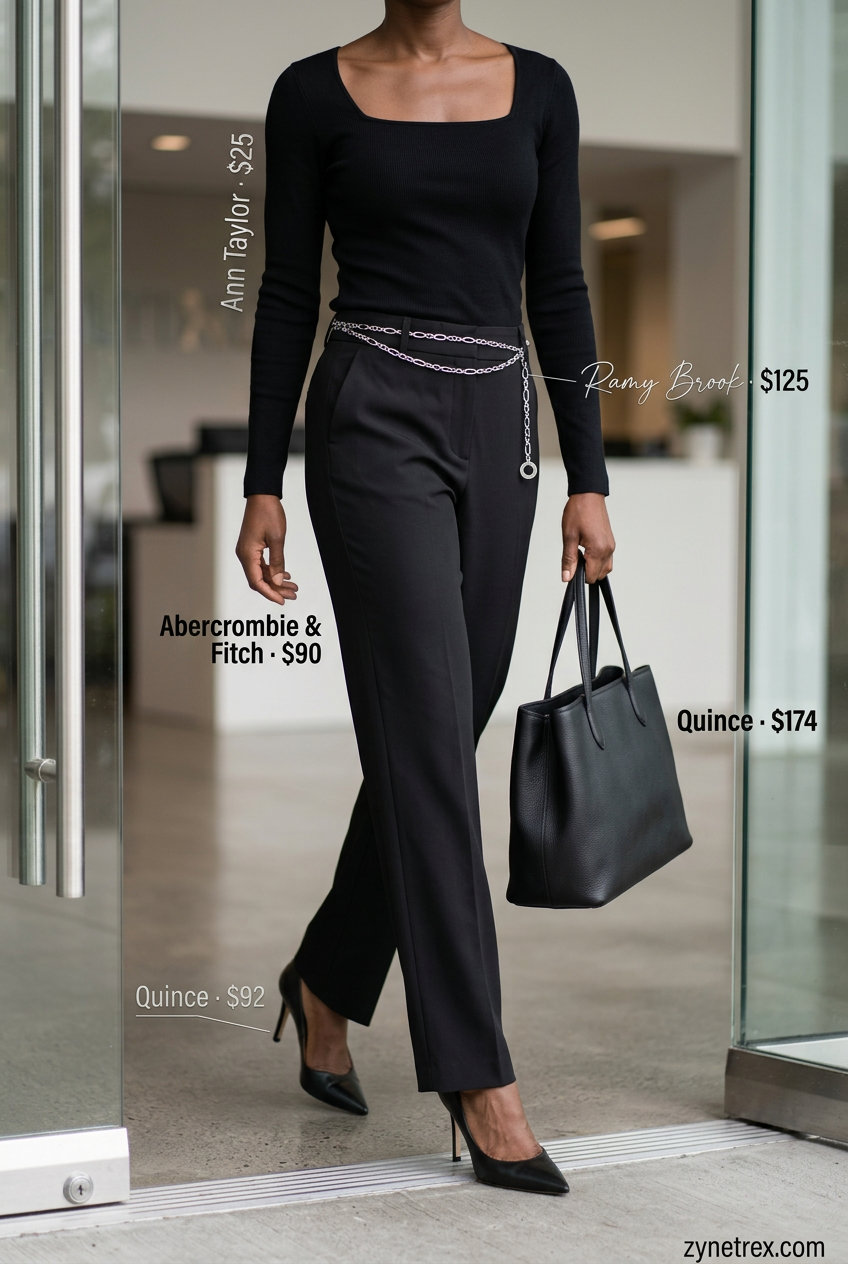 Black square neck top with tailored trousers and silver belt for summer Square Neck outfits for women 2026 workwear.