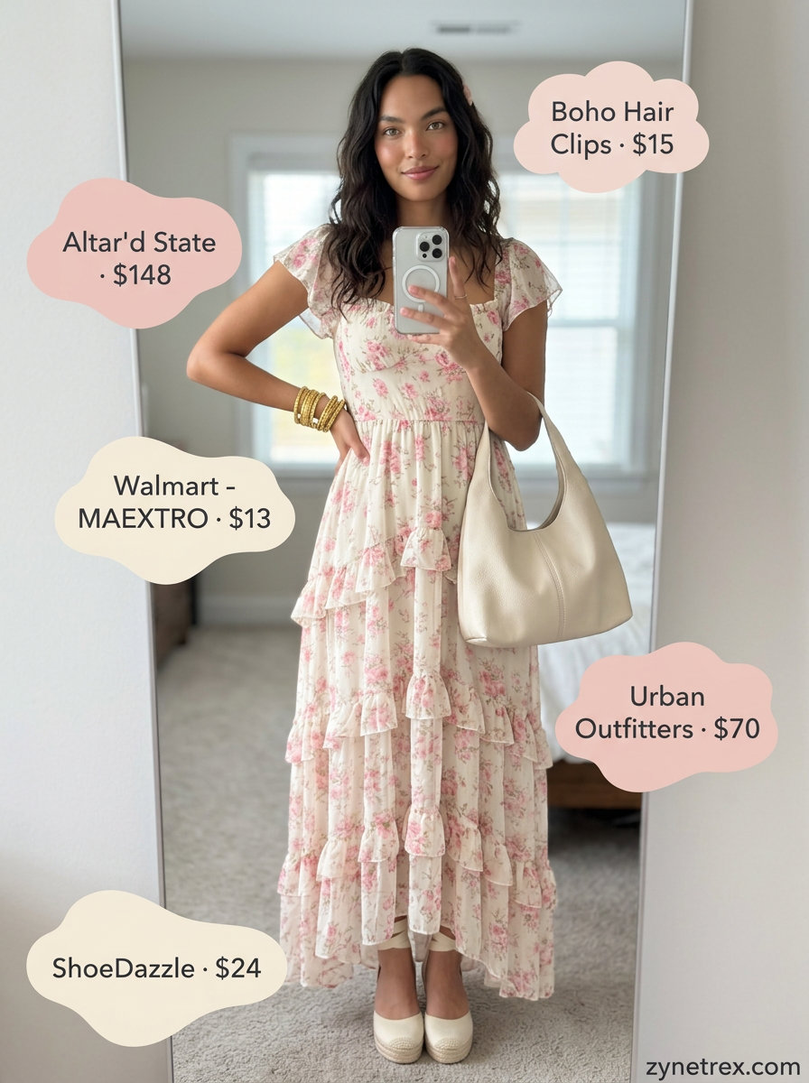 Blush pink floral square neck maxi dress for summer Square Neck outfits for women 2026 bohemian wedding guest.