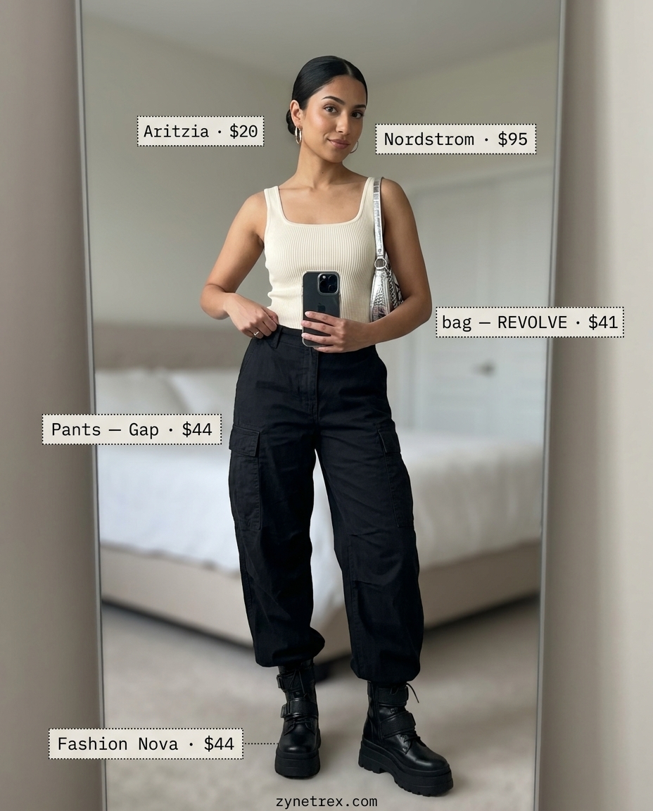 Edgy summer night out outfit with white square neck bodysuit and cargo pants. 2026.