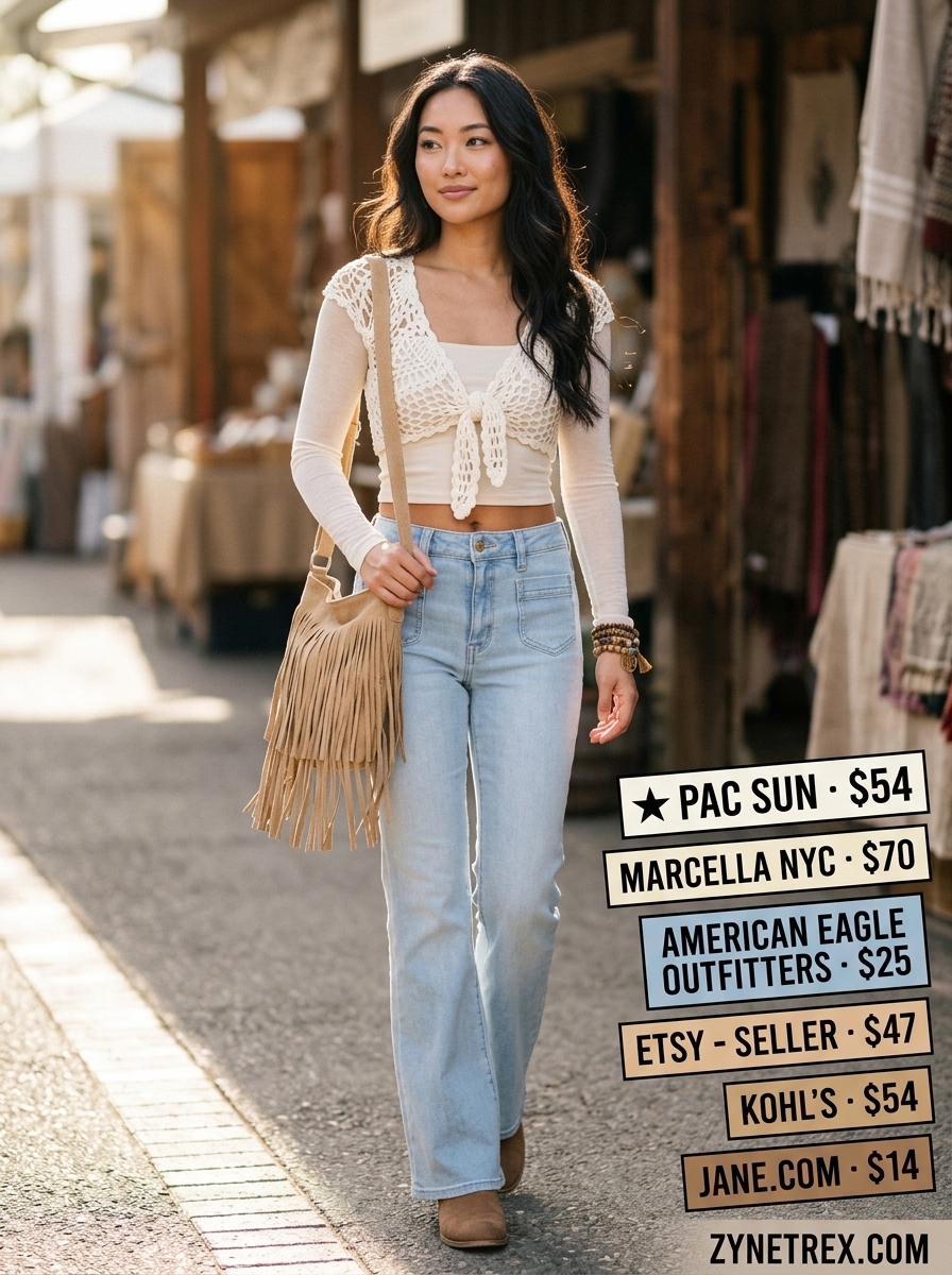 Boho festival outfit with ivory square neck crochet top, flared denim, and suede boots. Summer 2026.