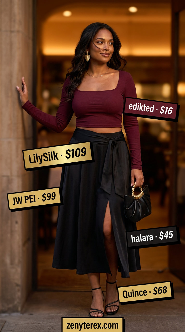 Romantic date night outfit with burgundy square neck camisole and flowy skirt. Summer 2026.