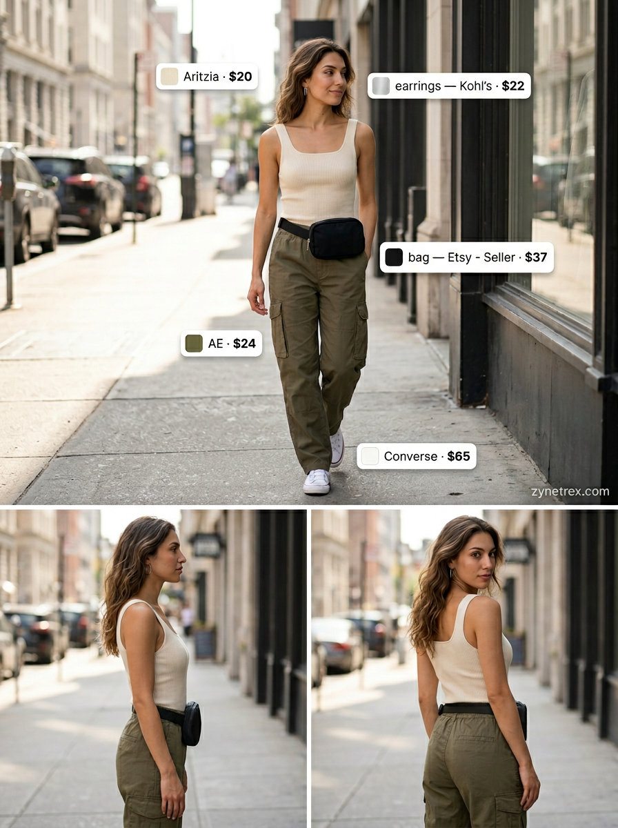 Casual summer Square Neck outfits for women 2026: Black fitted top, khaki cargo pants, white sneakers, belt bag.