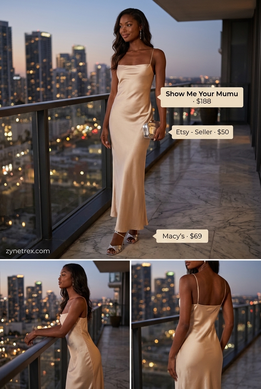 Elegant summer Square Neck outfits for women 2026: Champagne slip dress, silver drop earrings, black heeled sandals.