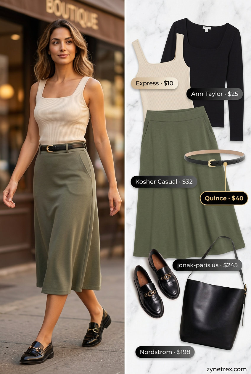 Chic summer Square Neck outfits for women 2026: Cream fitted top, olive midi skirt, black loafers, structured tote.