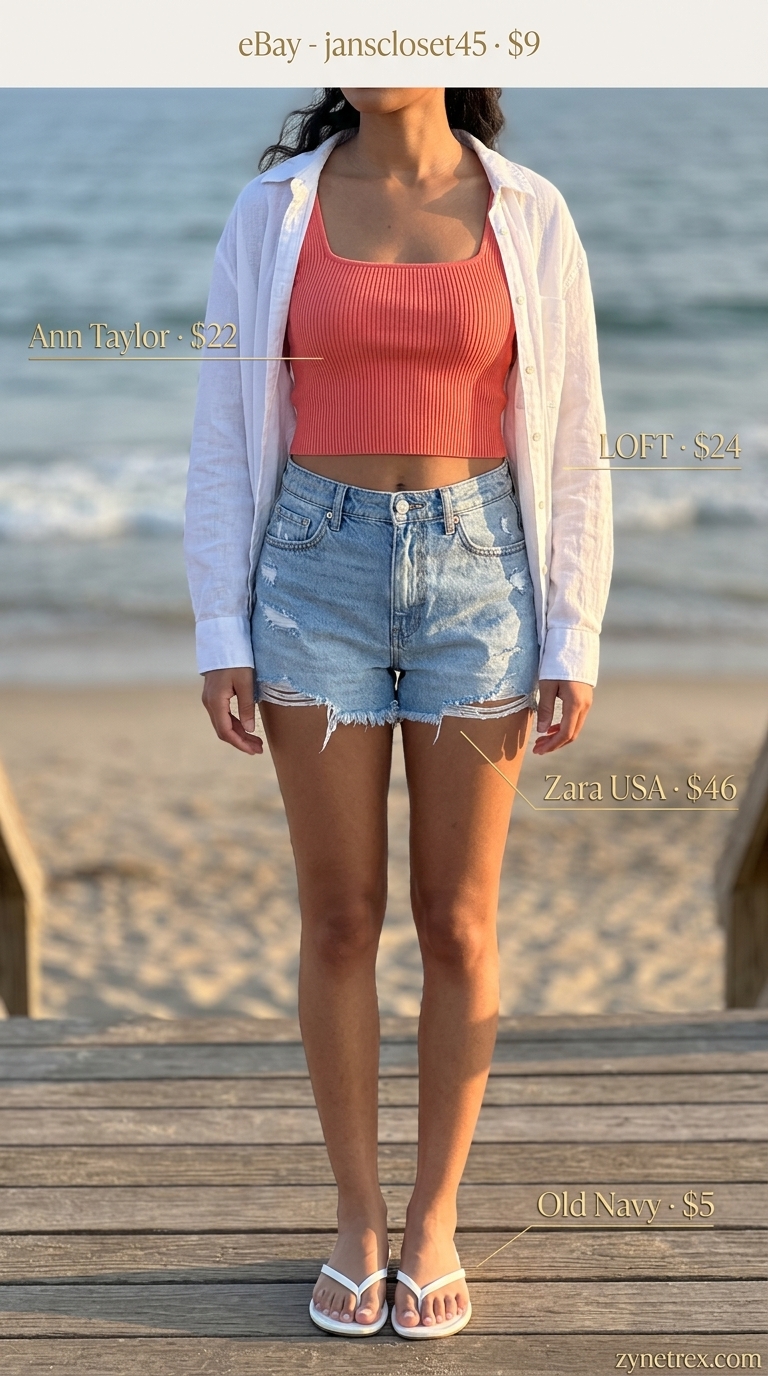 Casual beach day outfit with coral square neck tank and denim shorts. Summer 2026.