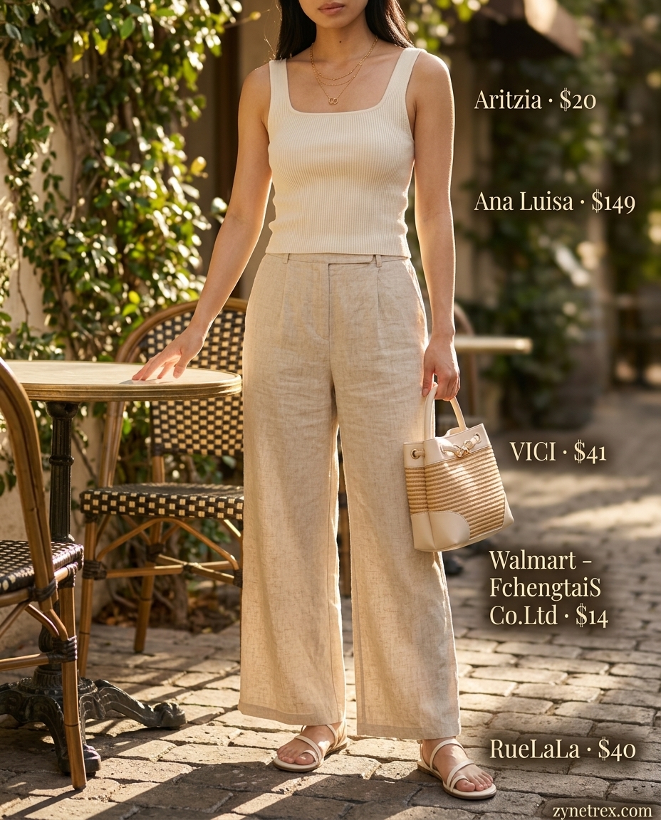Cream linen square neck top and wide-leg pants for summer Square Neck outfits for women 2026 coastal brunch.