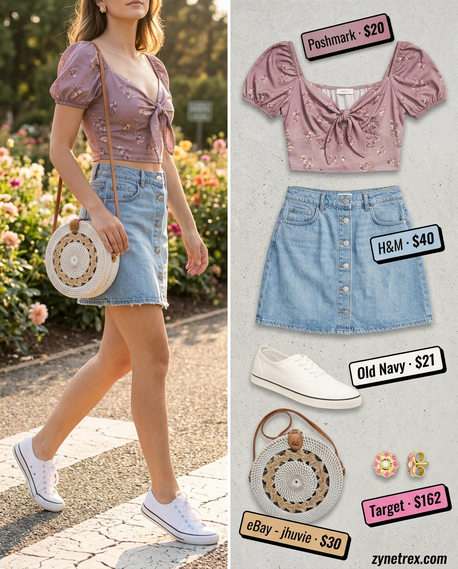 Playful garden party outfit with pink floral square neck crop top and denim mini skirt. 2026.
