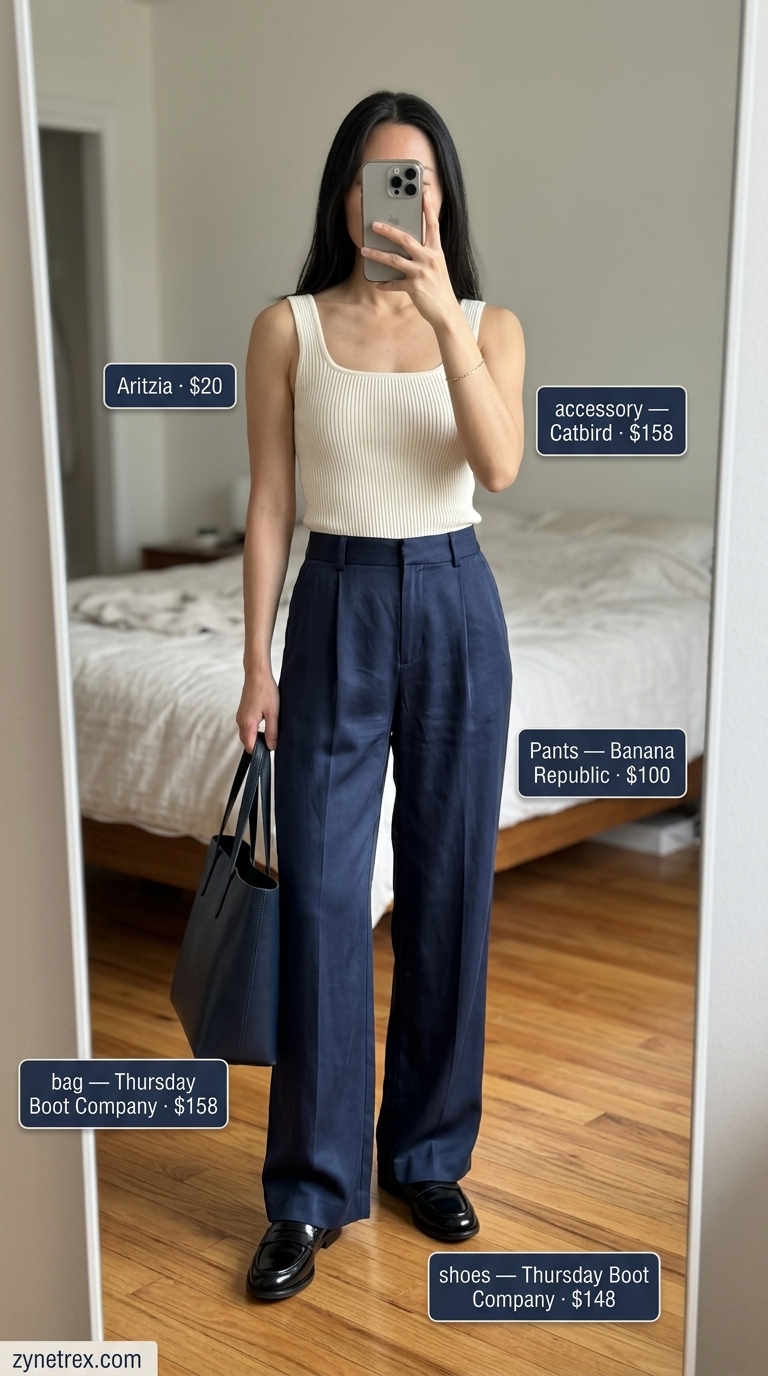 Ivory square neck knit top with navy trousers for summer Square Neck outfits for women 2026 workwear.