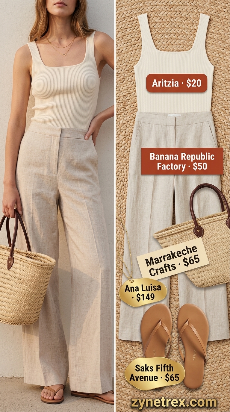 Coastal breeze outfit with cream linen pants and square neck tank. Summer 2026.