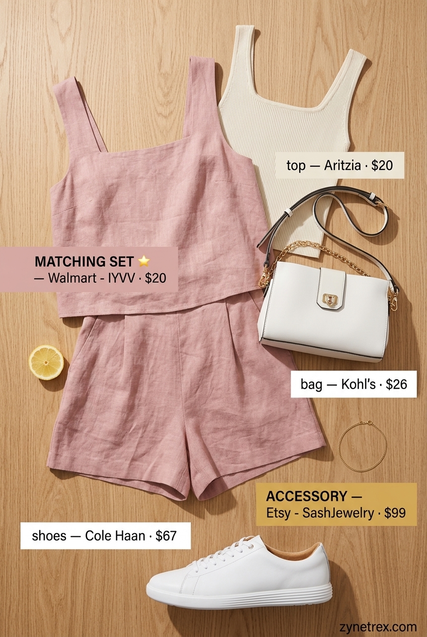 Playful summer Square Neck outfits for women 2026: Blush pink linen set, white sneakers, gold bracelet, crossbody bag.