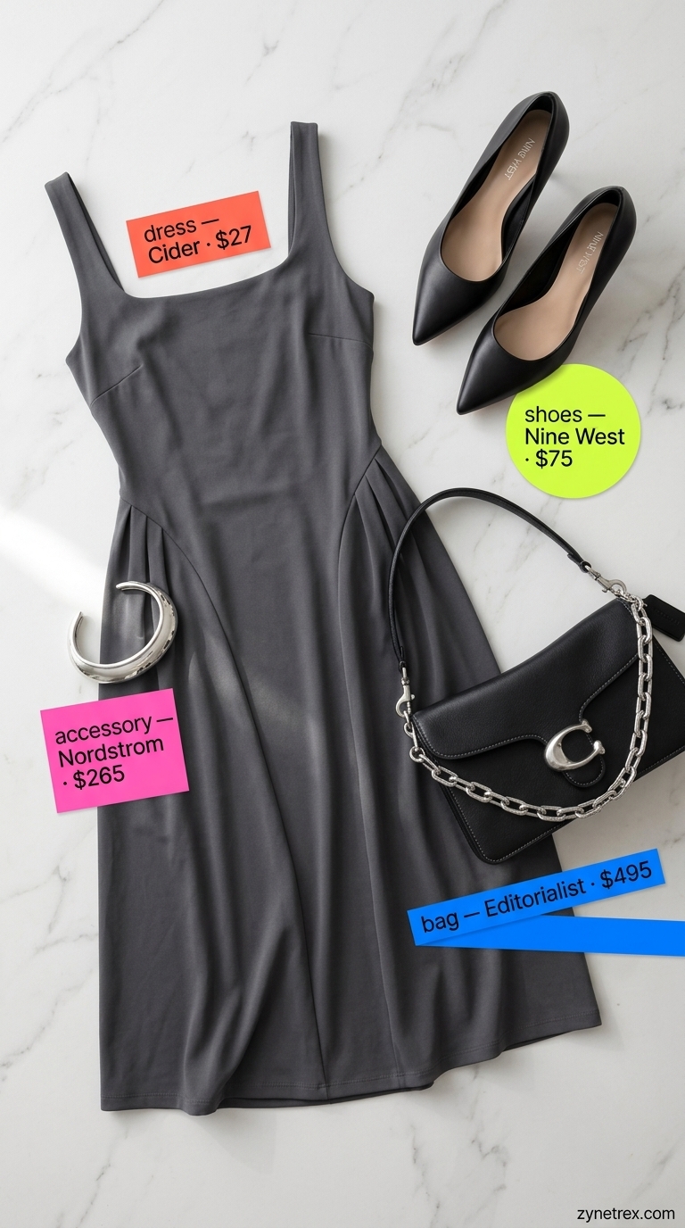 Minimalist summer Square Neck outfits for women 2026: Grey midi dress, black shoulder bag, pointed pumps, silver cuff.
