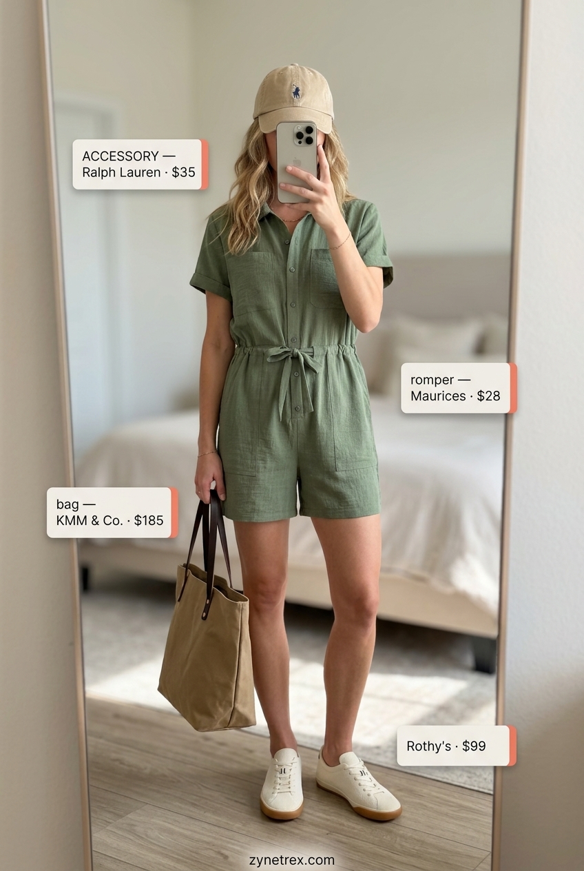 Olive green utility square neck romper for summer Square Neck outfits for women 2026 weekend getaway.