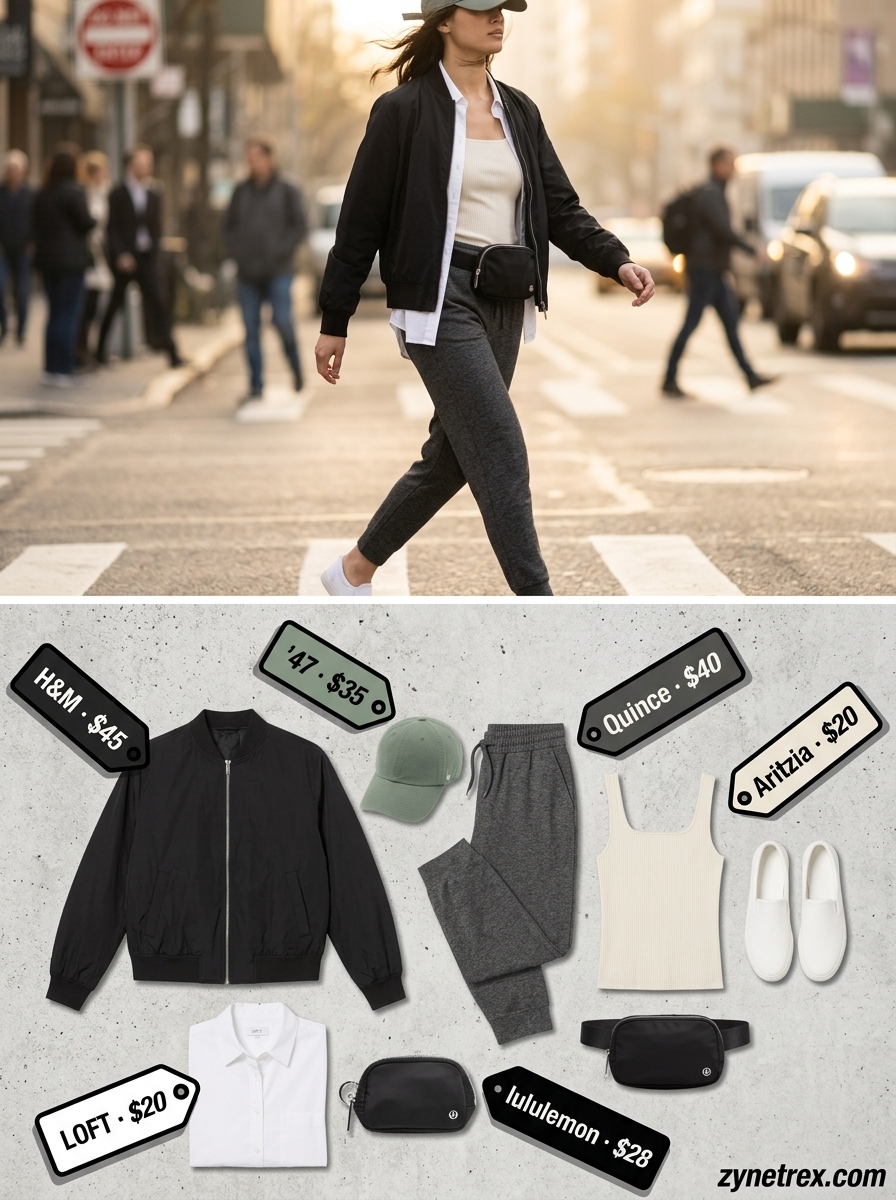 Comfortable weekend getaway outfit with olive square neck tee and joggers. Summer 2026.