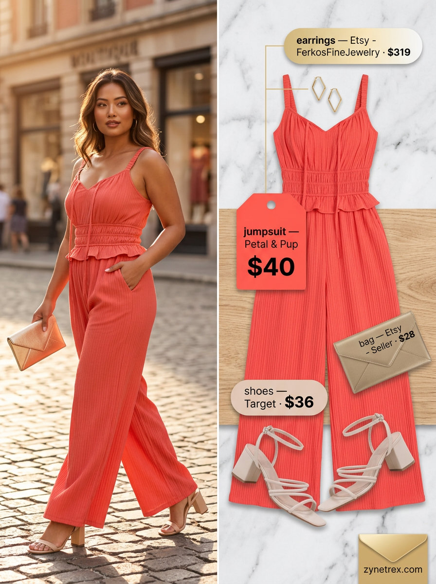 Sophisticated summer Square Neck outfits for women 2026: Coral wide-leg jumpsuit, gold statement earrings, nude sandals.