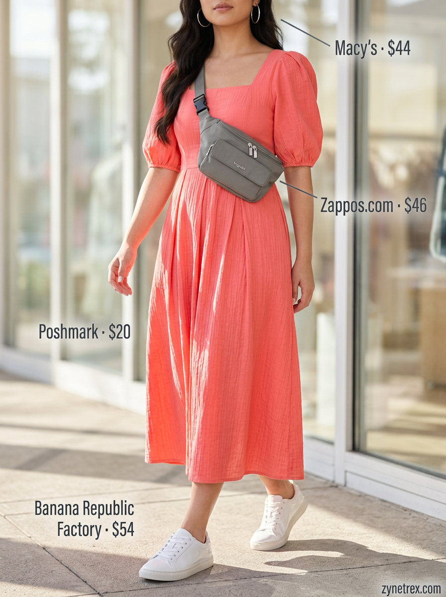 Vibrant summer Square Neck outfits for women 2026: Coral midi dress, white sneakers, silver hoop earrings, belt bag.