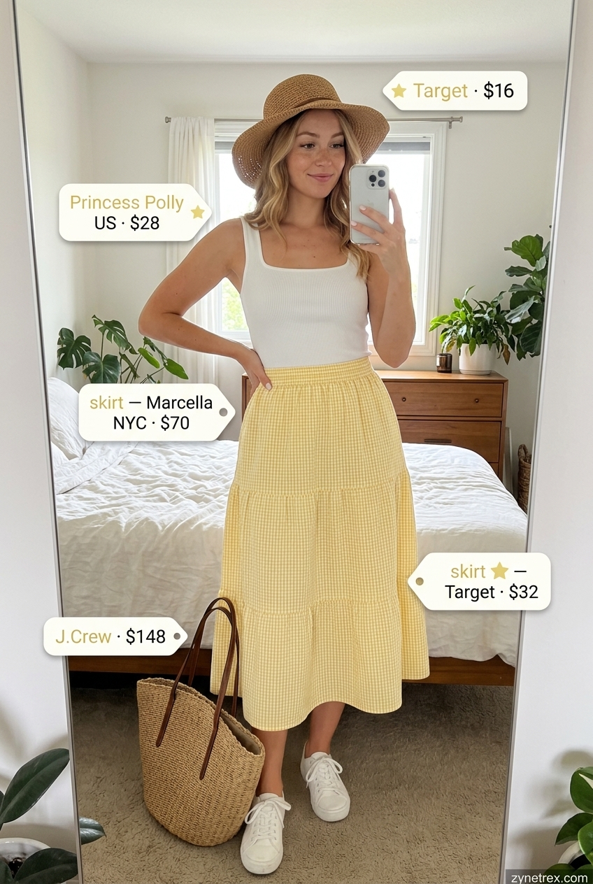 Yellow gingham midi skirt outfit with white square neck top, perfect for summer picnics and farmers markets. 2026.