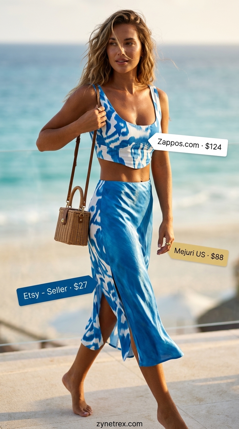 Azure blue abstract print matching set with white mules for summer vacation outfits for women 2026.