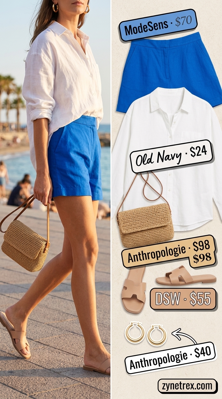 Cobalt blue linen shorts, white button-down shirt, and tan slides for summer vacation outfits for women 2026.