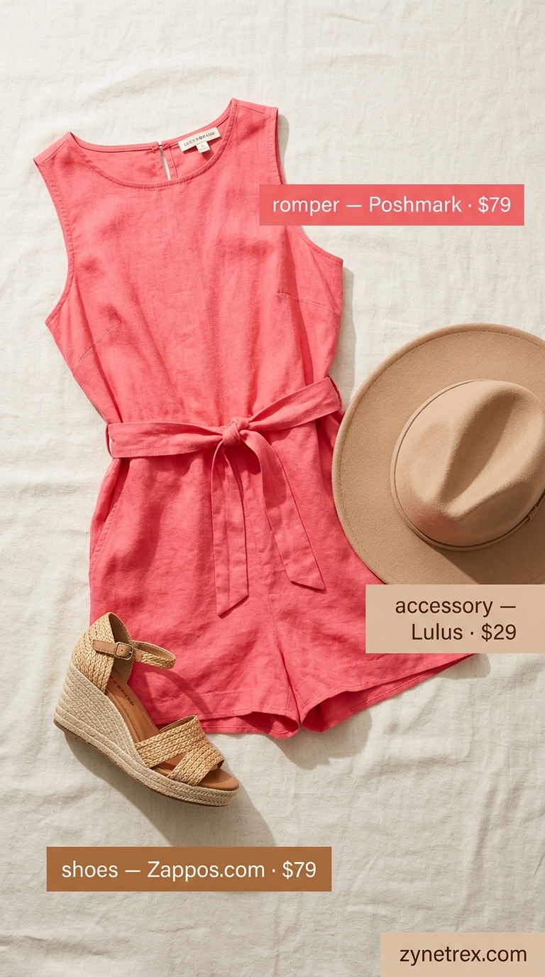 Coral pink linen romper for summer vacation outfits for women 2026, styled with a straw hat and espadrille sandals for brunch.