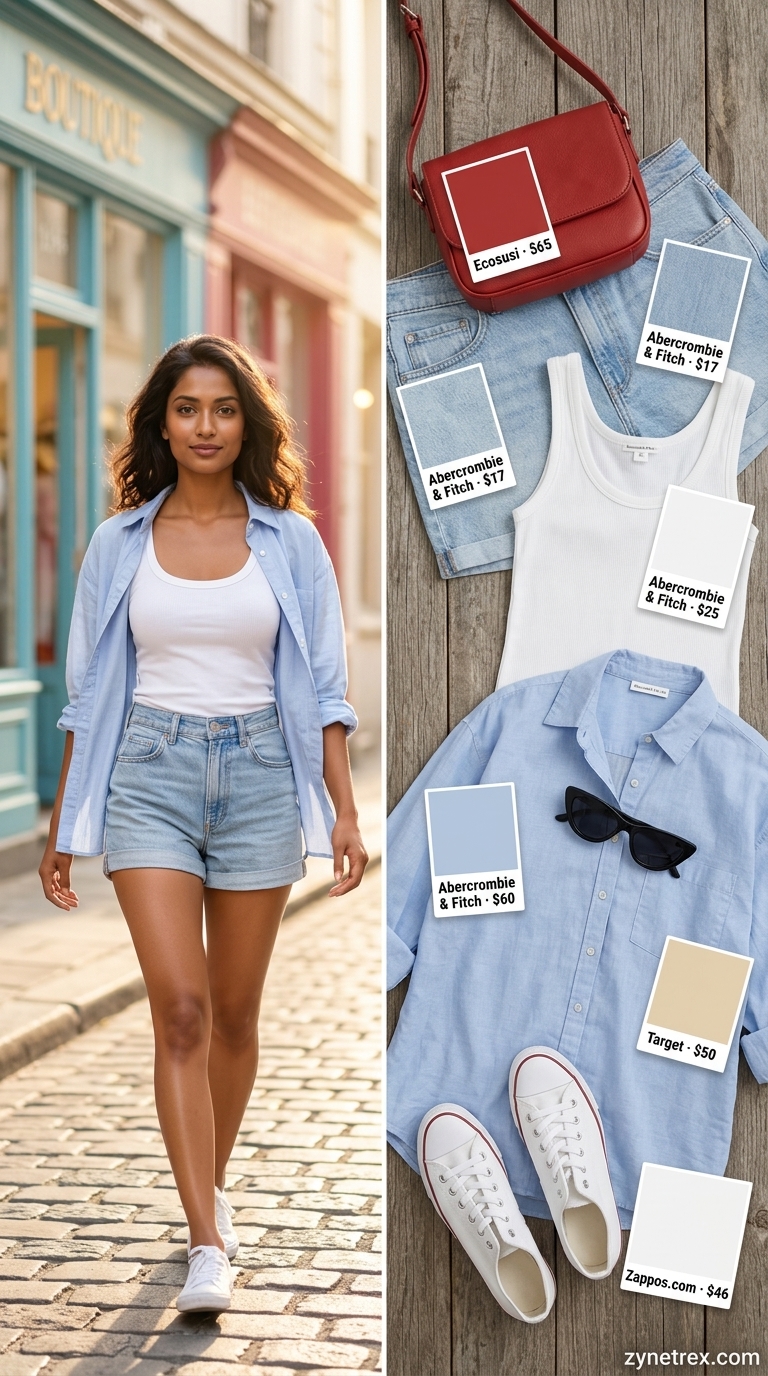 Light wash denim shorts outfit for summer vacation outfits for women 2026, styled with a white shirt and red bag for city exploring.
