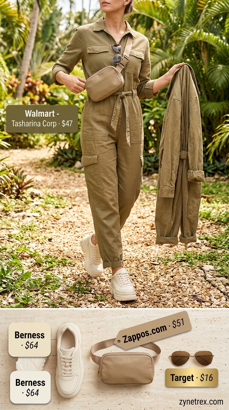 Khaki utility jumpsuit, cream sneakers, and gold aviator sunglasses for summer vacation outfits for women 2026.