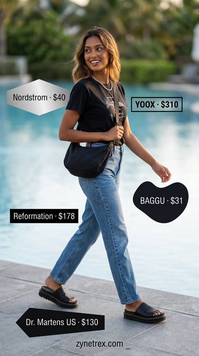 Black jeans, graphic tee, and chunky platform slides for summer vacation outfits for women 2026.