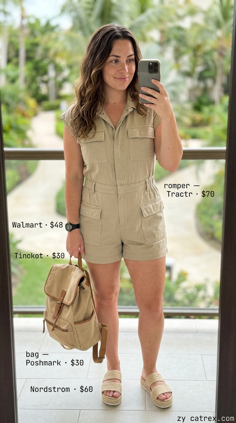 Sporty romper for summer vacation outfits for women 2026. Khaki utility romper, white bandana, platform espadrilles, canvas backpack.