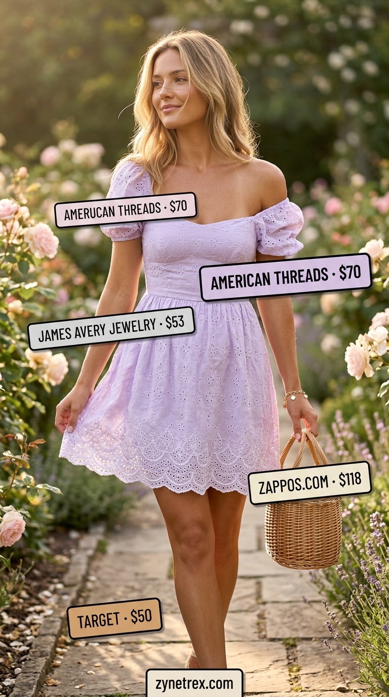 Feminine dress for summer vacation outfits for women 2026. Lavender eyelet mini dress, straw basket bag, espadrille wedges, silver bracelet.