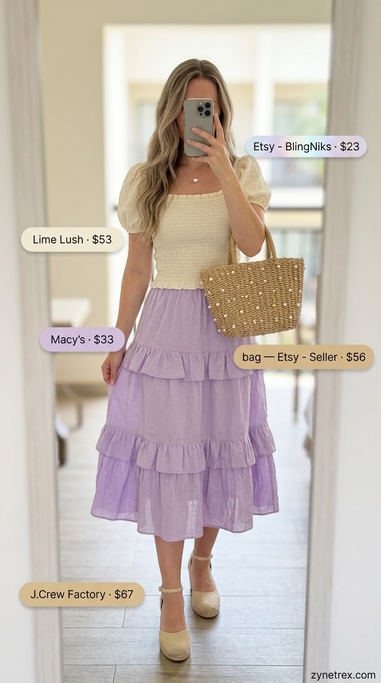 Romantic skirt outfit for summer vacation outfits for women 2026. Lavender tiered skirt, cream puff-sleeve top, straw bag, espadrilles.